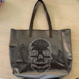 Glamorous Brown Skull Embellished Tote Bag